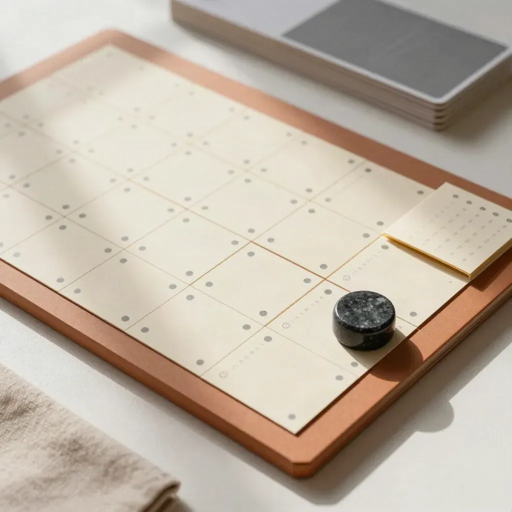 Overhead planning board with card blocks, colour dots, folded calendar and paperweight on terracotta surface