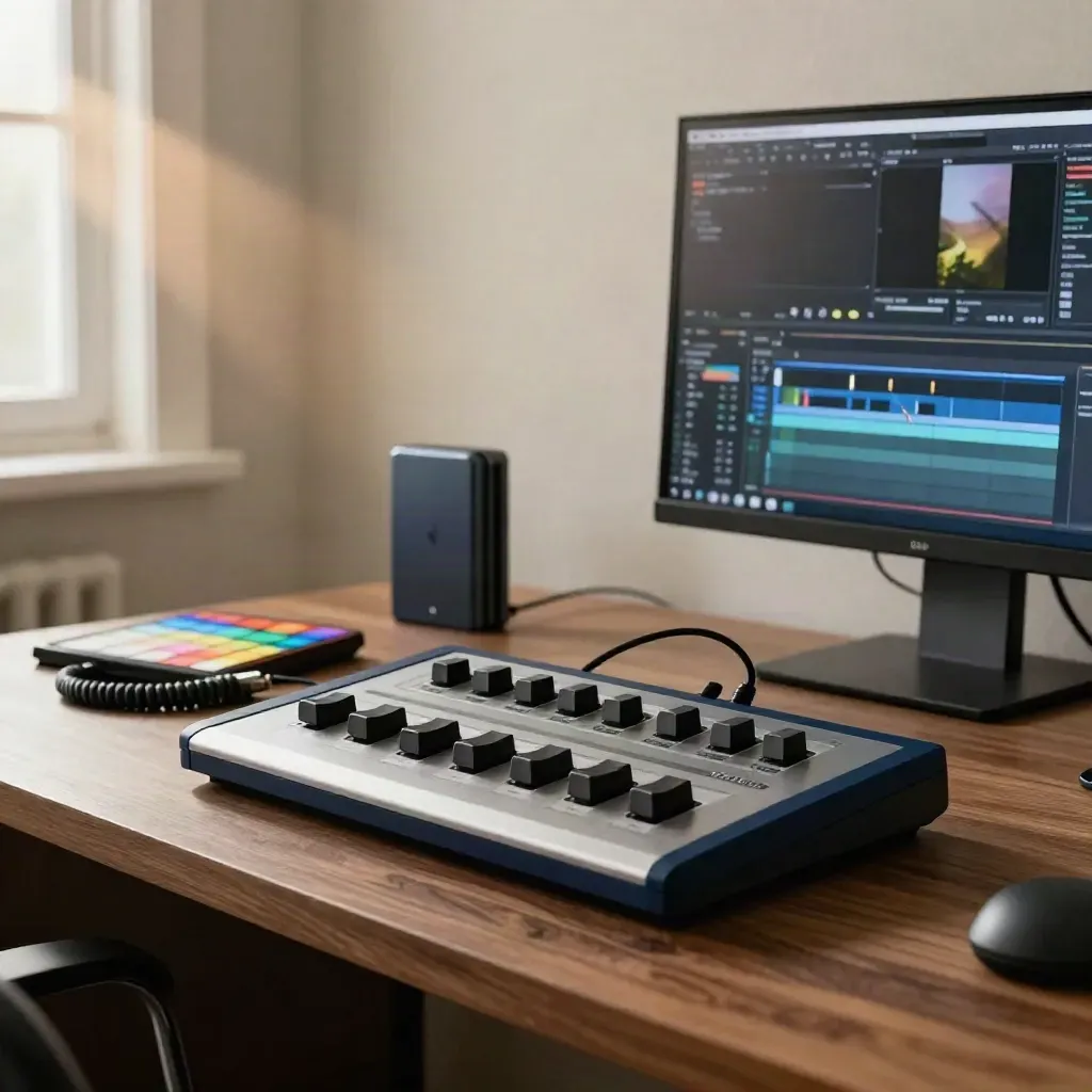 Low desk-angle edit suite with monitor glow, shuttle controller, color chart and coiled cable.