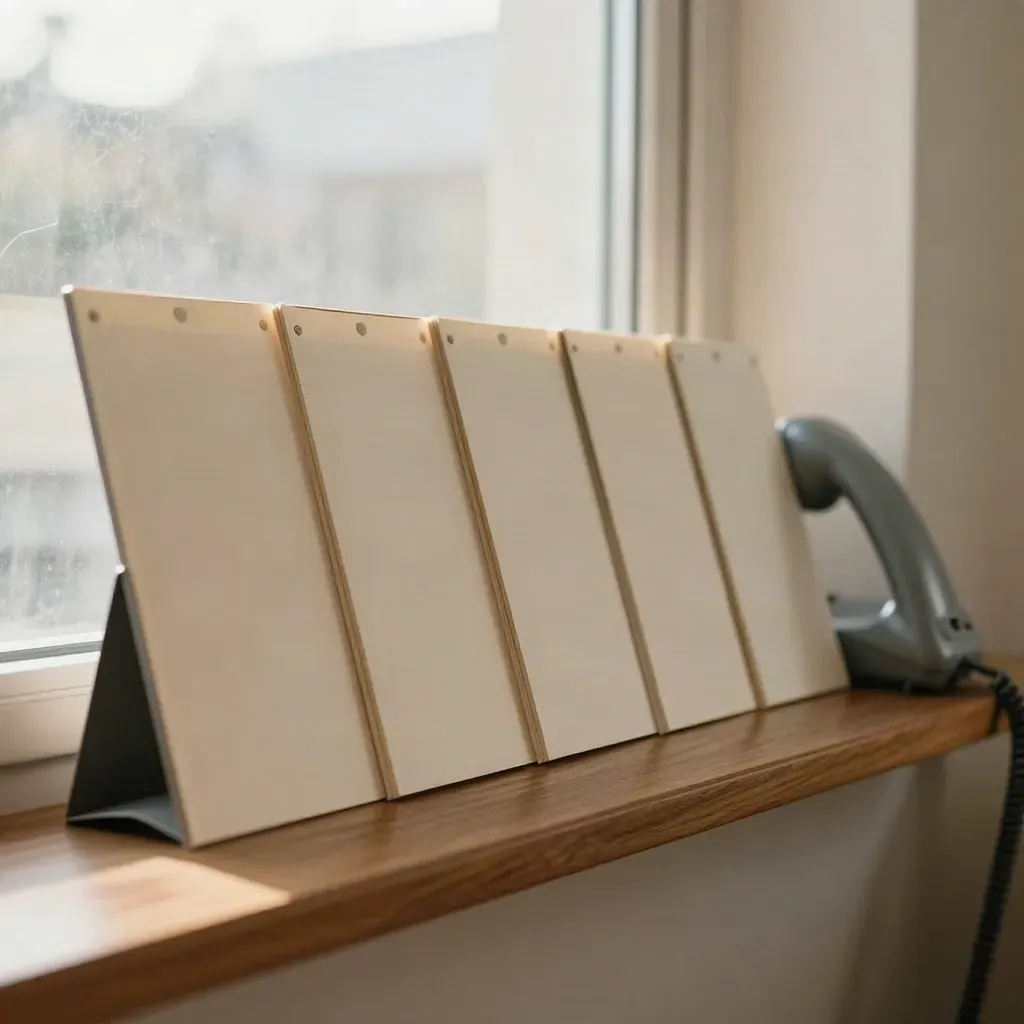 Five blank content boards and a phone on a narrow shelf by a window in soft morning light.