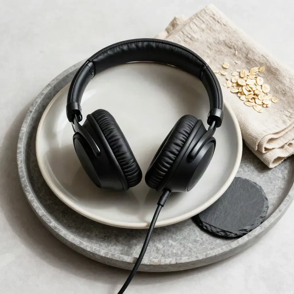 Top-down tray still life of headphones, cable and ceramic dish on stone.
